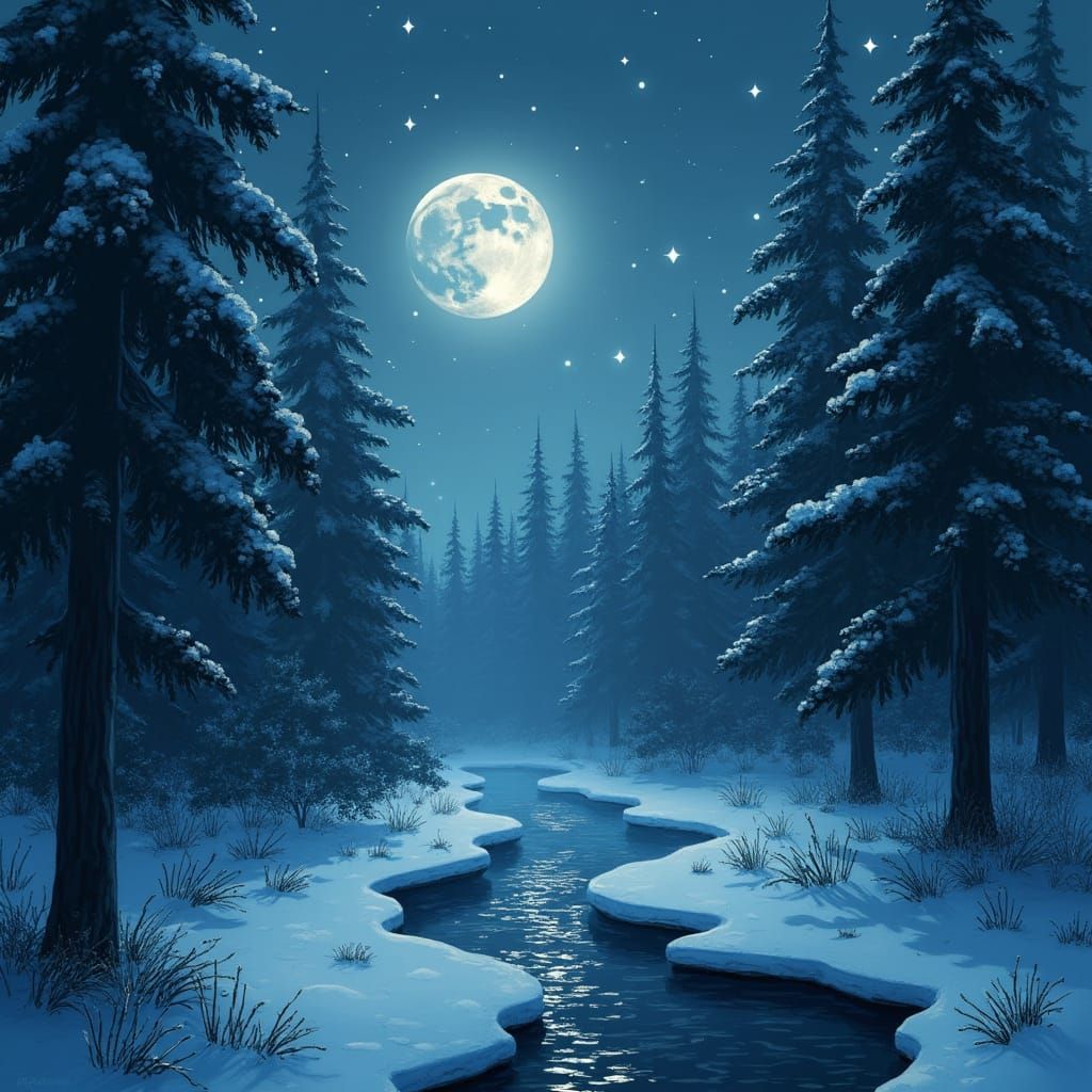 Mystical Snowy Forest River at Night