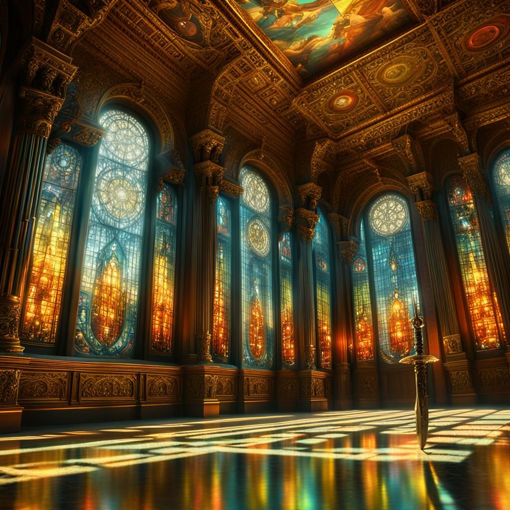 Sword in Museum Hall with Sunlight, Digital Painting