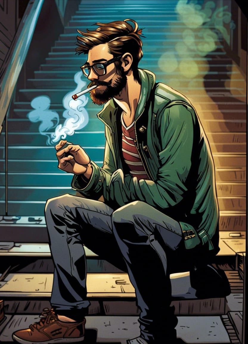 Hipster Smoking in Stairwell, Comic Book Art