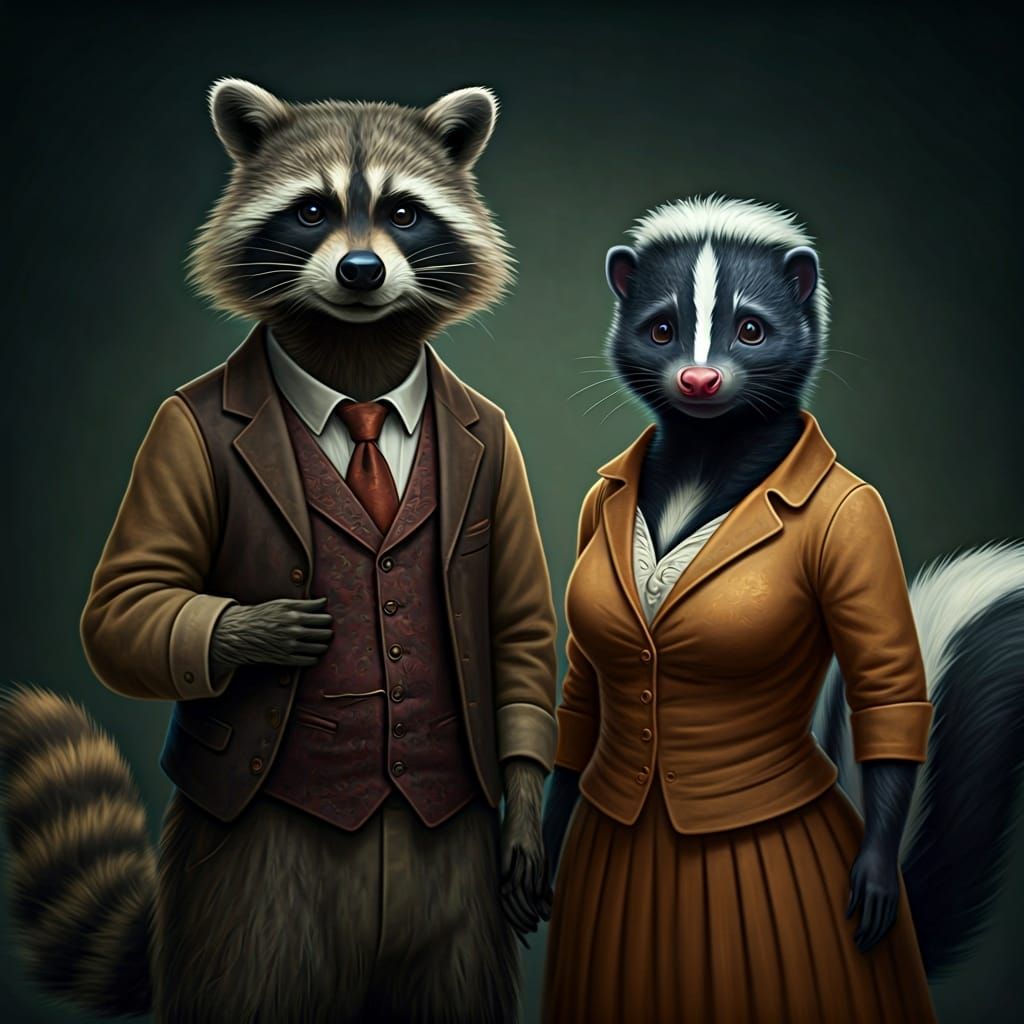 Raccoon and Skunk in Human Clothing