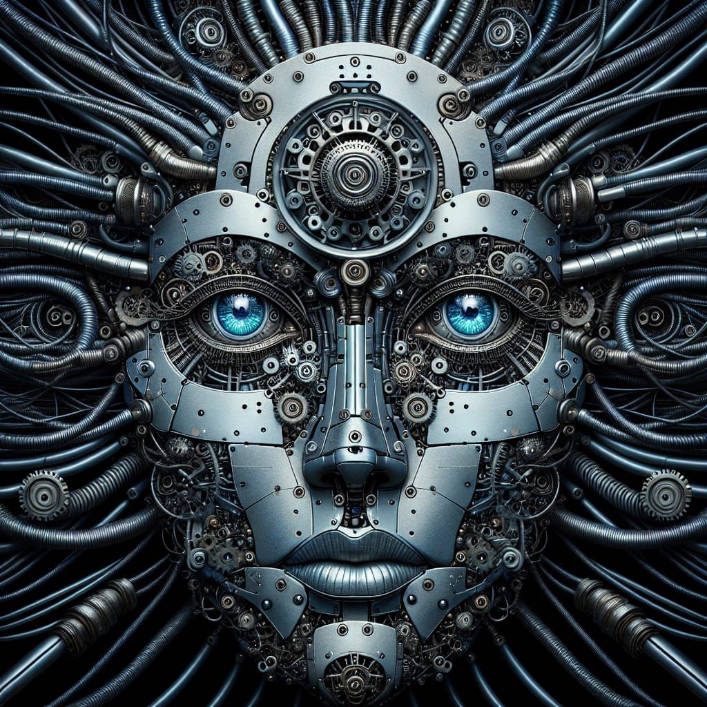Mechanical Face with Azure Eyes in Cybernetic Style