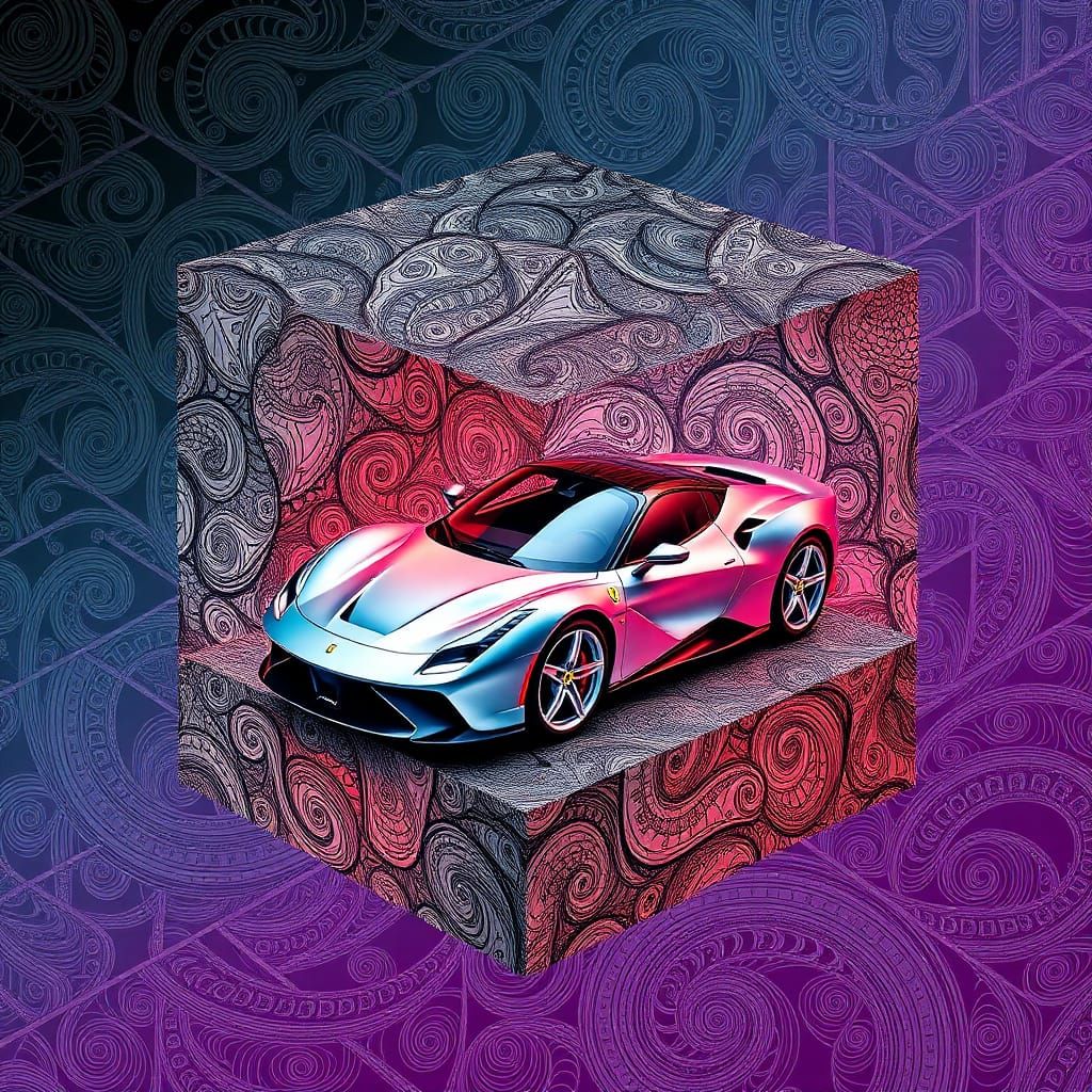 Ferrari in Geometric Cube with Zentangle Art