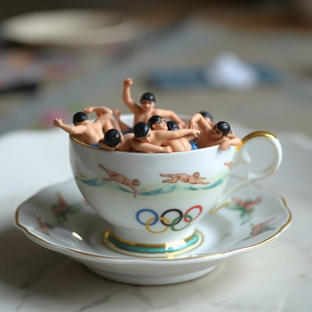 Miniature Olympic Swimmers in Teacup, Tilt-Shift Photography