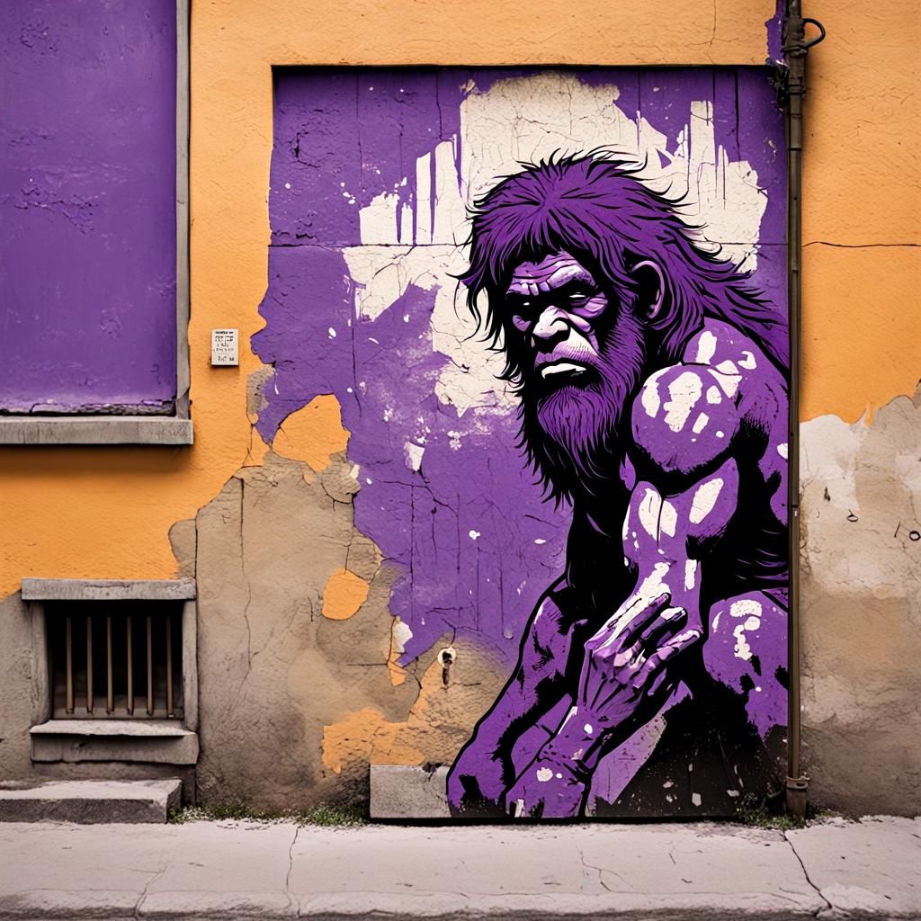 Purple Caveman Tagging Alleyway in Pulp Art Style