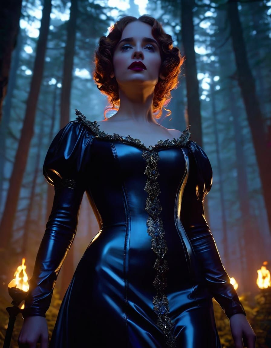25 year old Hermione Granger as demonic snowwhite in shining black tight latex pencil dress
