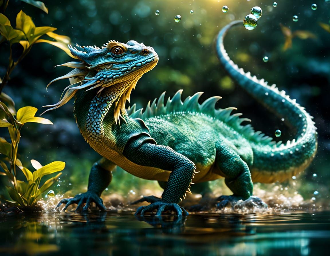 Oriental Water Dragon Juggling Water in Garden