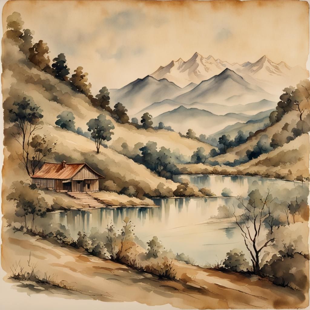 Vintage Manuscript with Mountain View, Watercolor Style