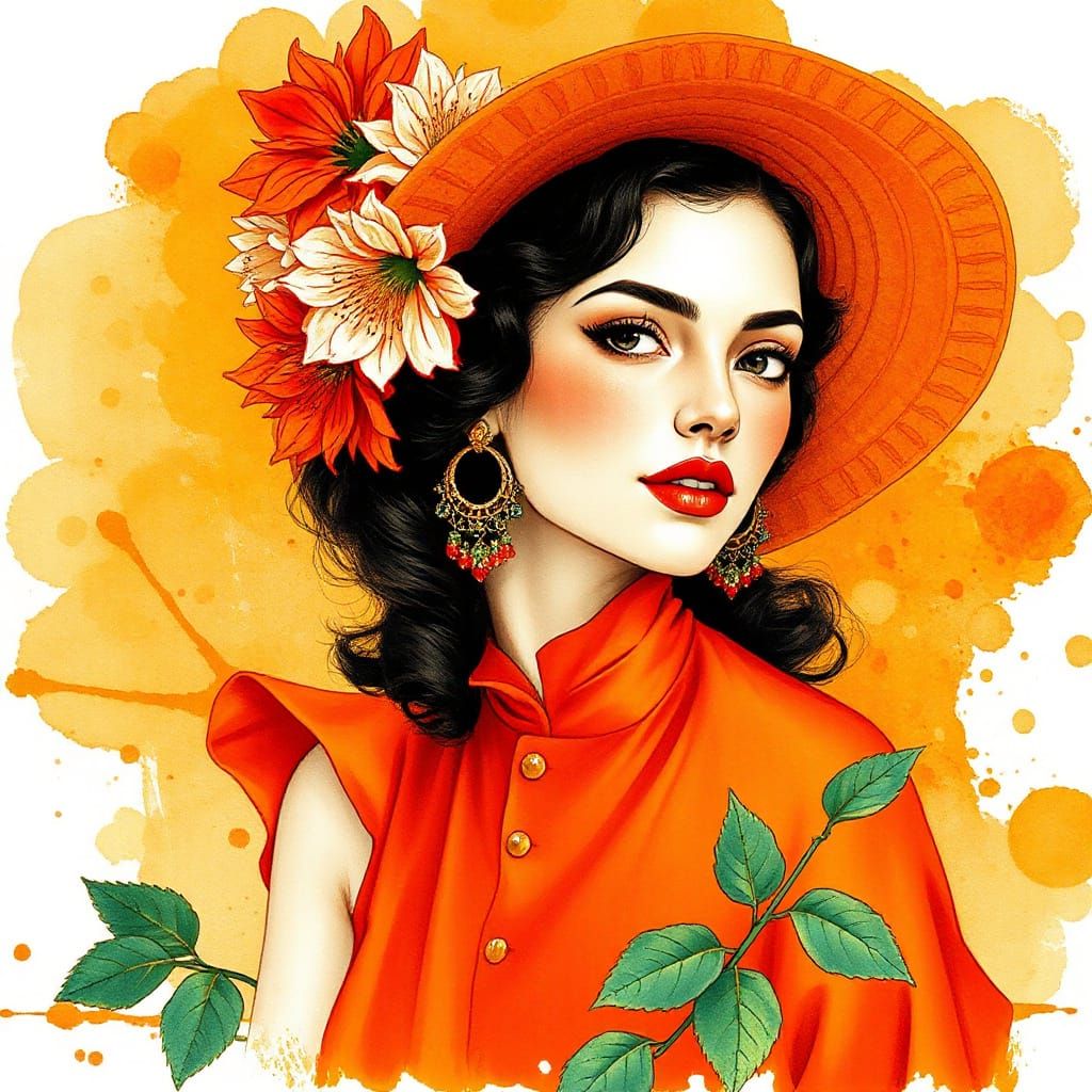 Vibrant Woman with Chrysanthemums: Watercolor and Ink Art