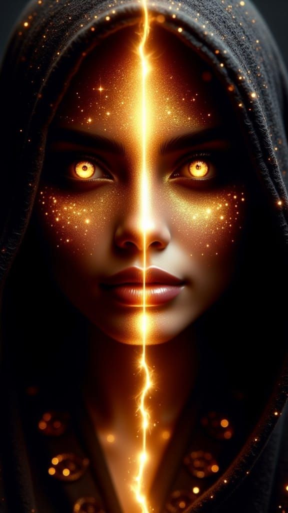 Mysterious Face Illuminated by Golden Light and Sparks