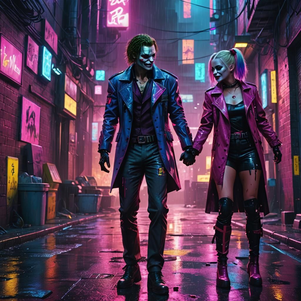 Joker and Harley Quinn in Cyberpunk Neon Alley