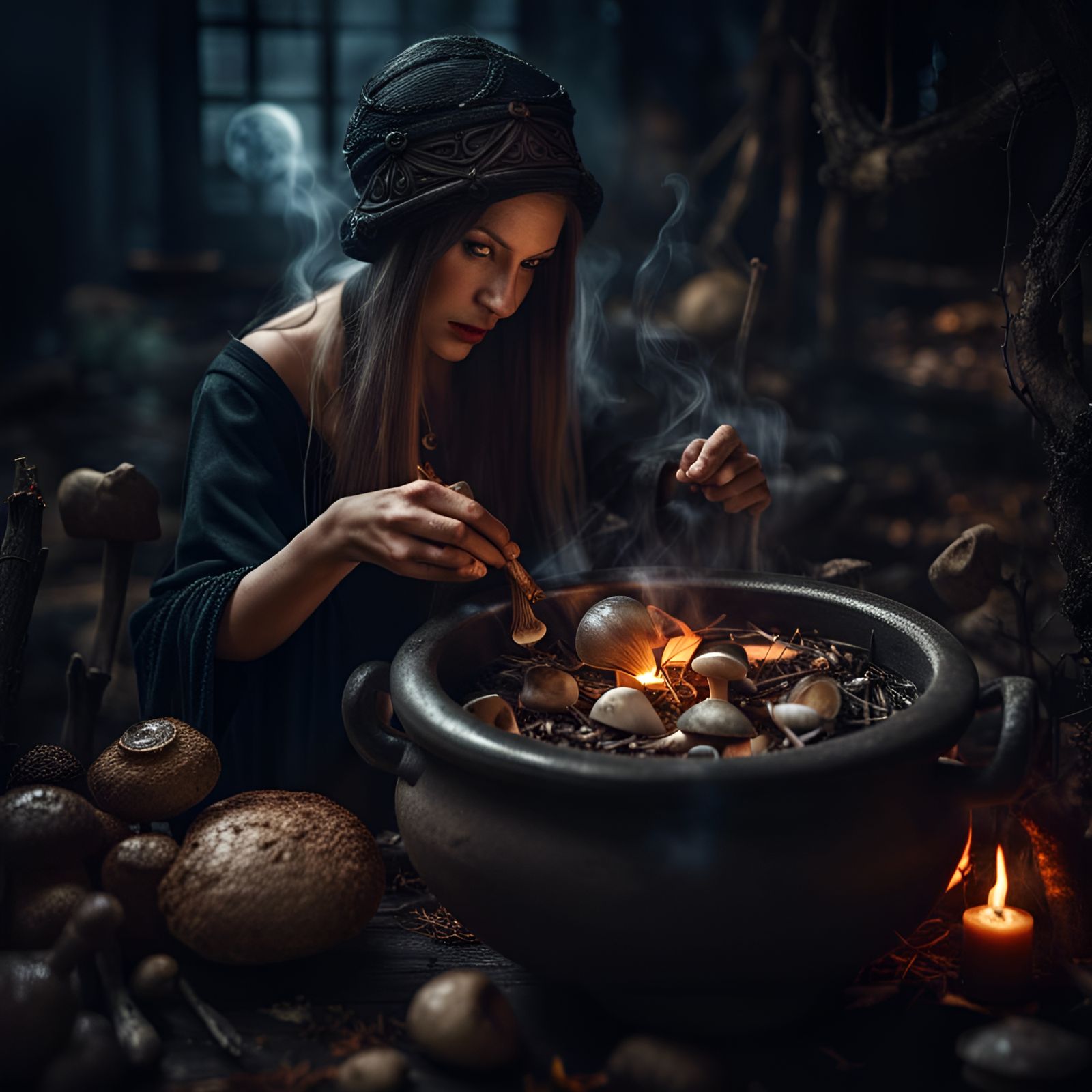 Beautiful Witch and Cauldron in Hyperrealistic Style