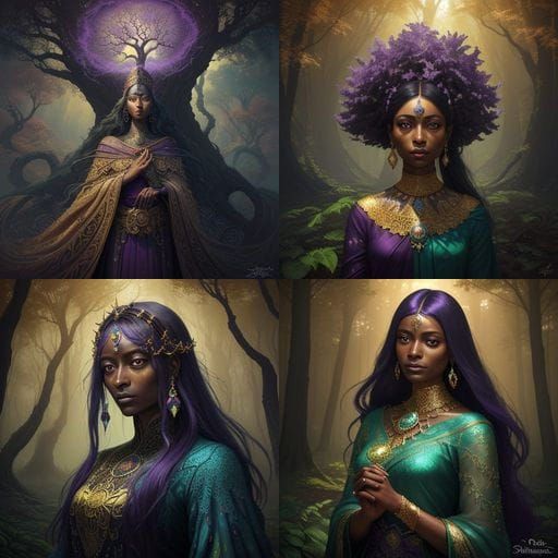 Regal Woman in Majestic Tree Landscape with Intricate Patter...