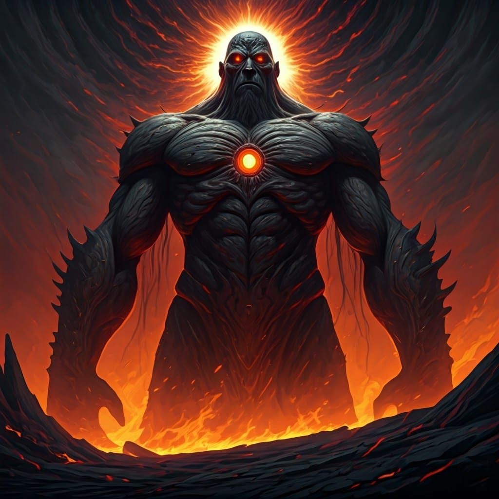 Chaos God Amidst Smoldering Wastes in Cyberpunk-Inspired Art