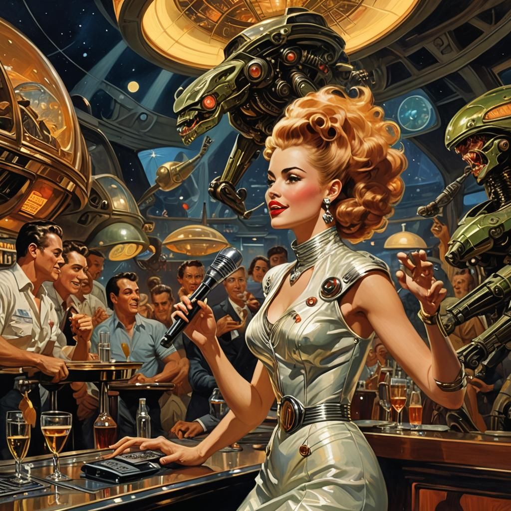 Retrofuturistic Singer in Bar, Classic Painting