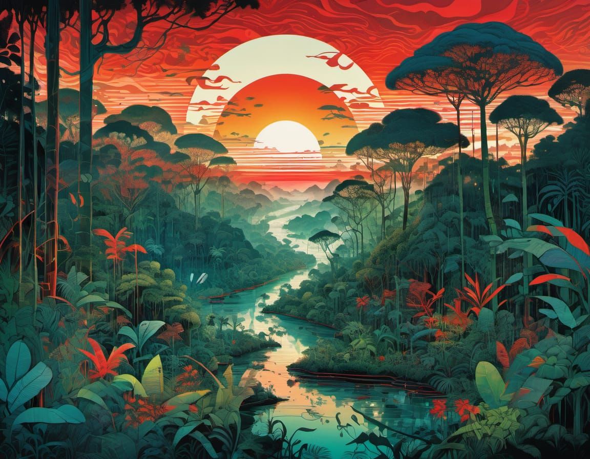 Colorful Jungle Sunset Landscape Illustration