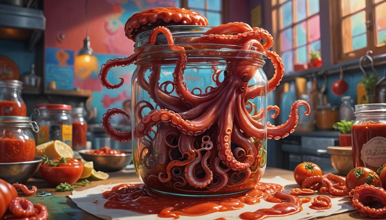 A captivating photograph of a jar of "Octopus Tentacles in T...