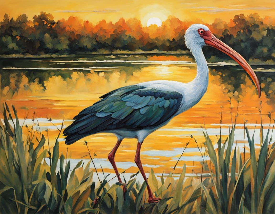 Ibis Portrait in Impressionist Swamp Landscape