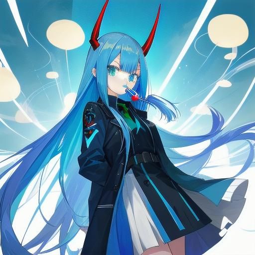 Blue-Haired Girl with Lollipop and Horns