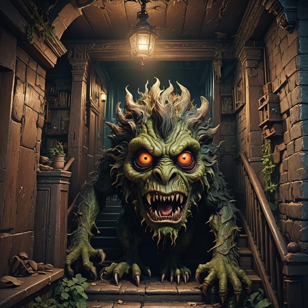 Shaggy Monster with Glowing Eyes in Dark Basement