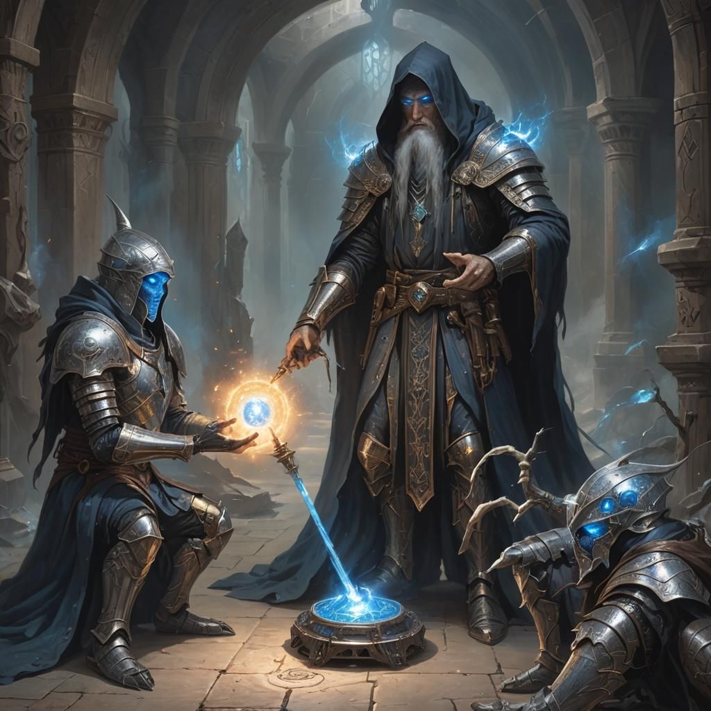 Wizard Scrying an Armored Figure