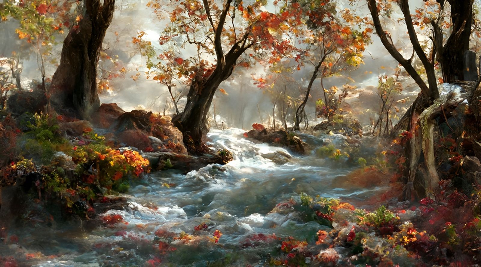 Autumn Forest Stream in Oil Painting Style