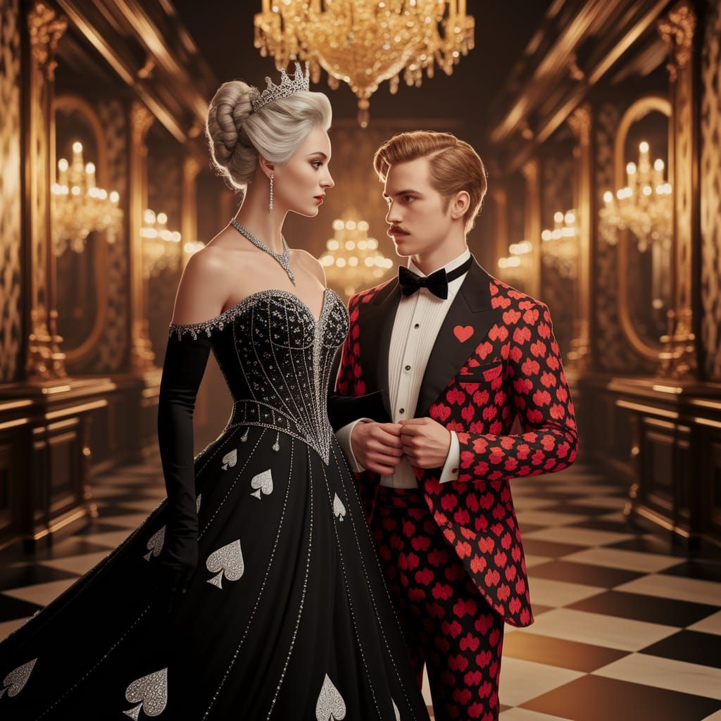 Queen of Spades and Jack of Hearts in Lavish Ballroom