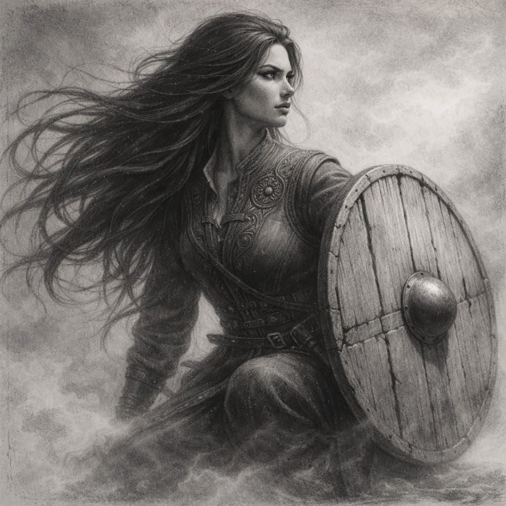 Norse Goddess of Protection in Misty Charcoal Sketch