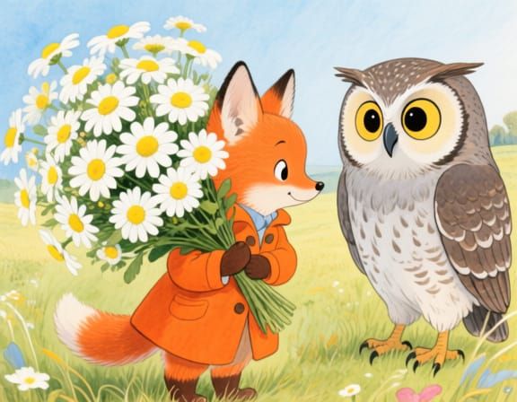 Fox Cub Offers Bouquet to Owl: Watercolor Illustration