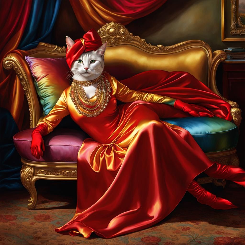 Realistic Artistic Sissy Satin Flamboyant Statuesque Glamorous Anthropomorphic Cat relaxing supine on a Chaise Lounge w...