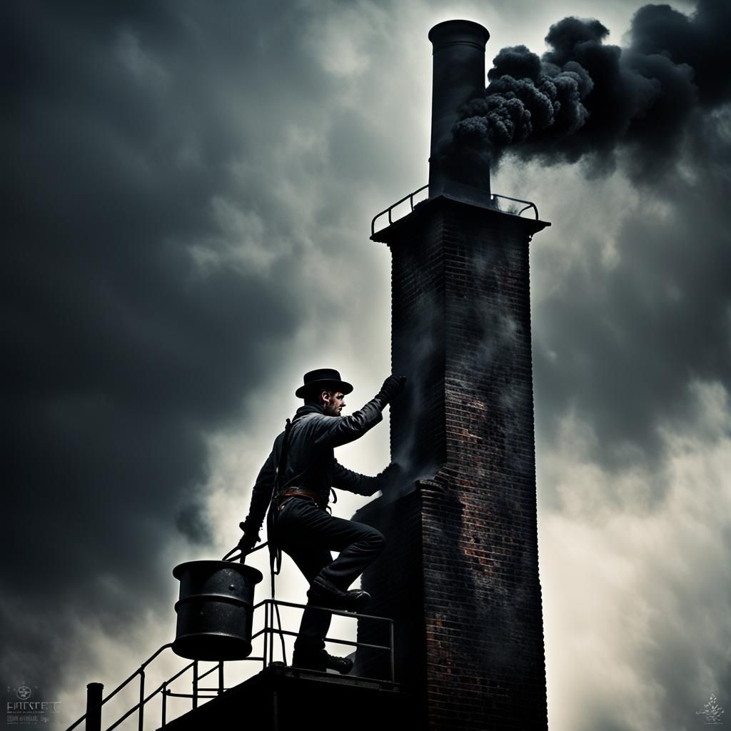 Surreal Industrial Worker Climbs Soot-Covered Chimney