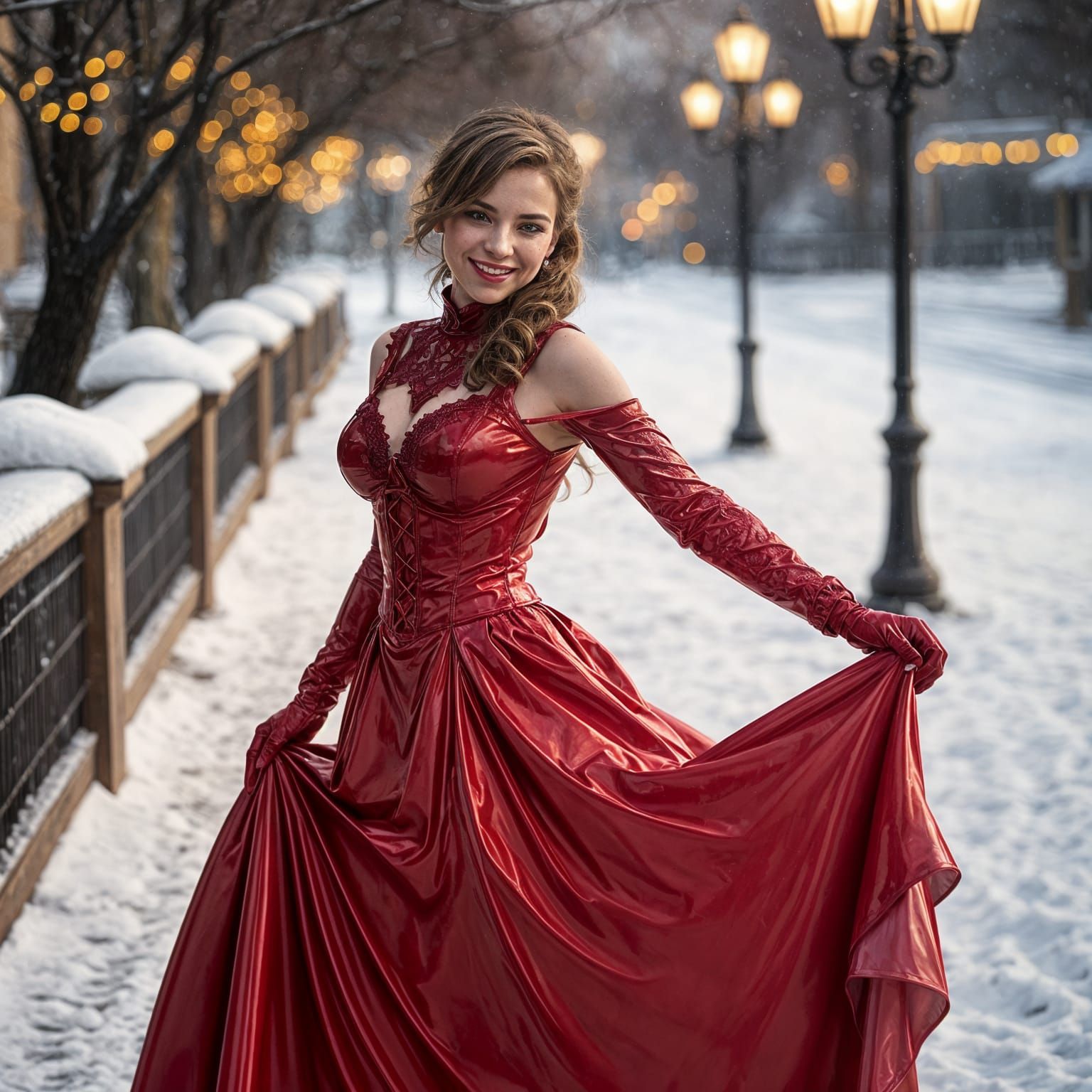 Woman in Red Latex Victorian Dress in Snow