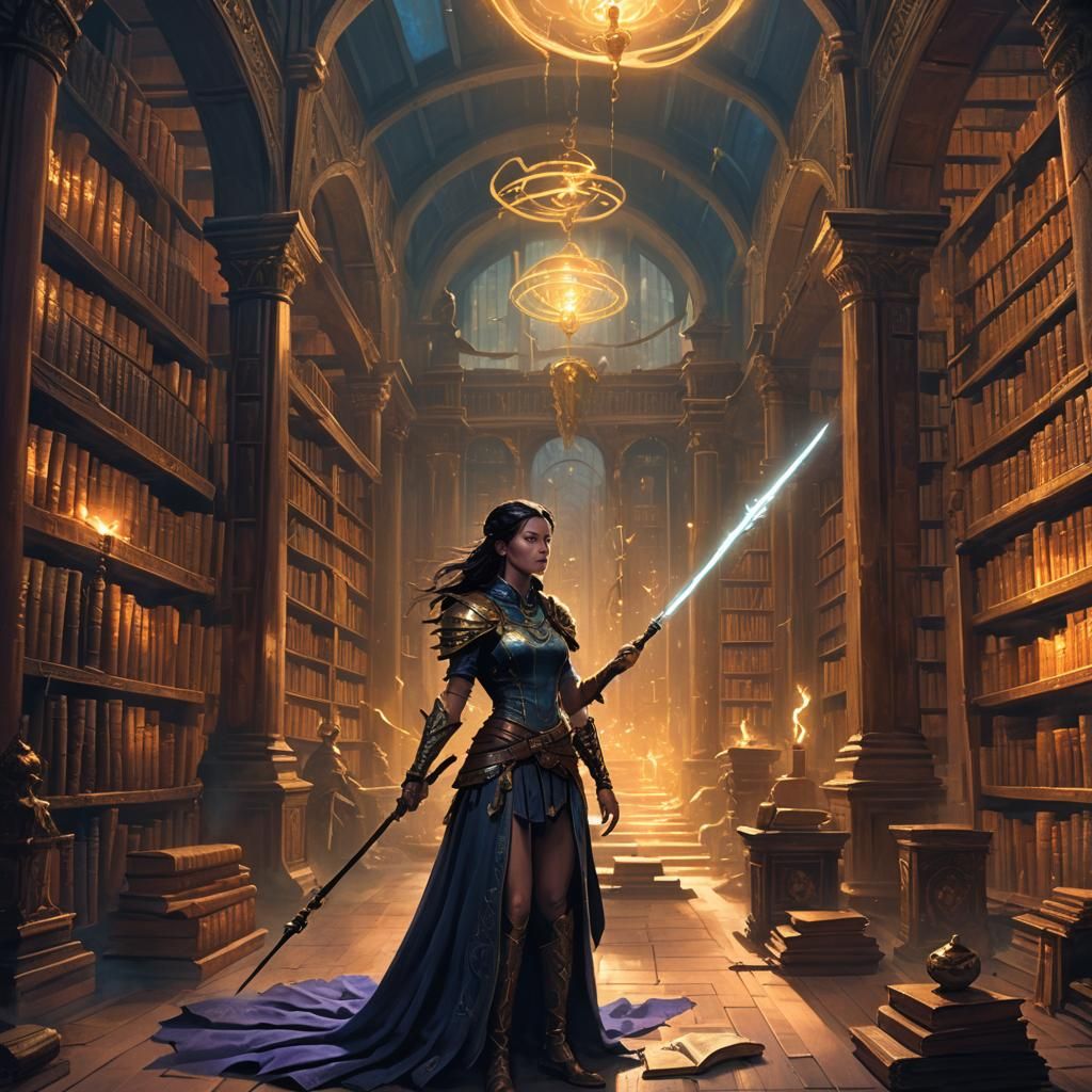 Mystical Library Concept Art with Glowing Staff