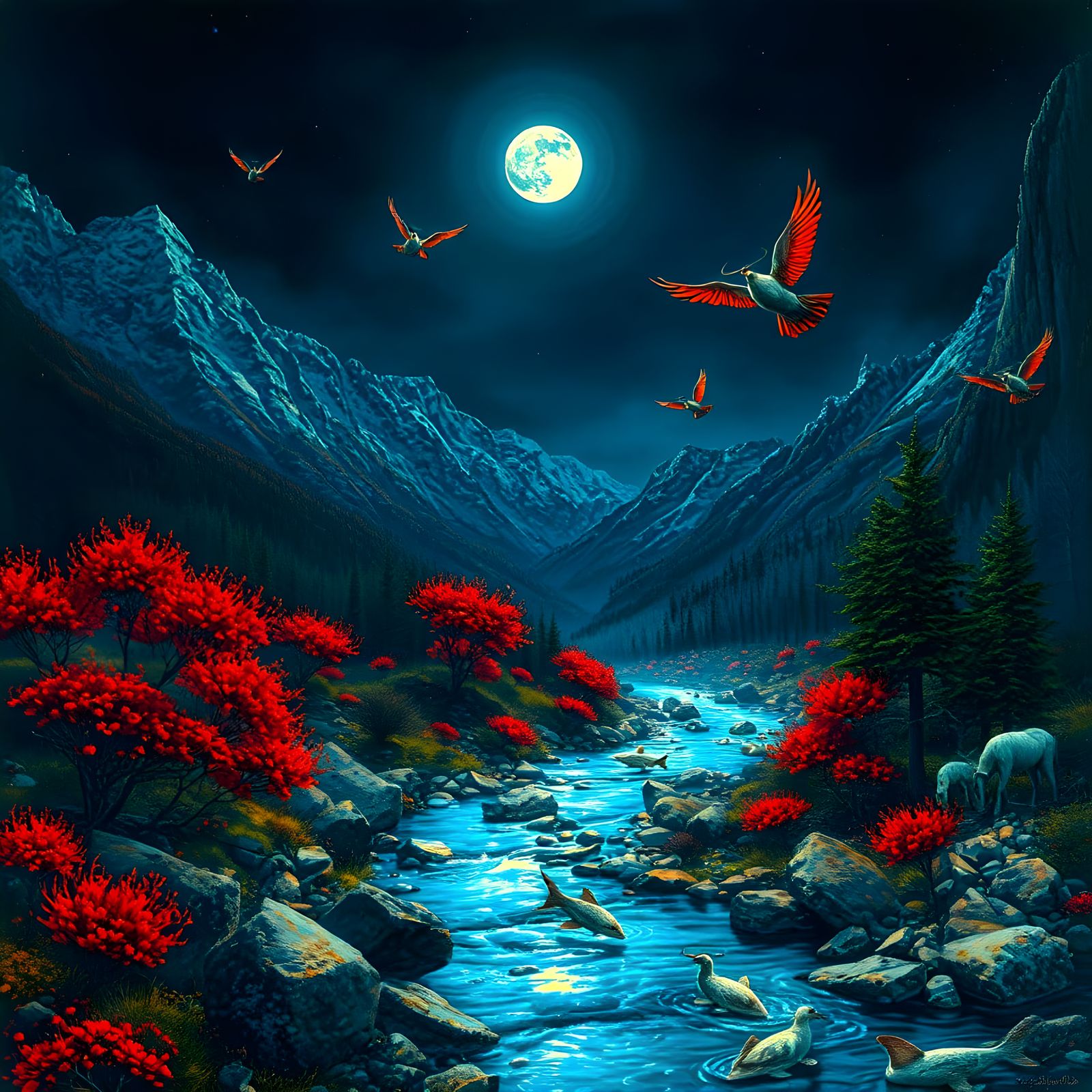 Surreal Moonlit Landscape with Angels