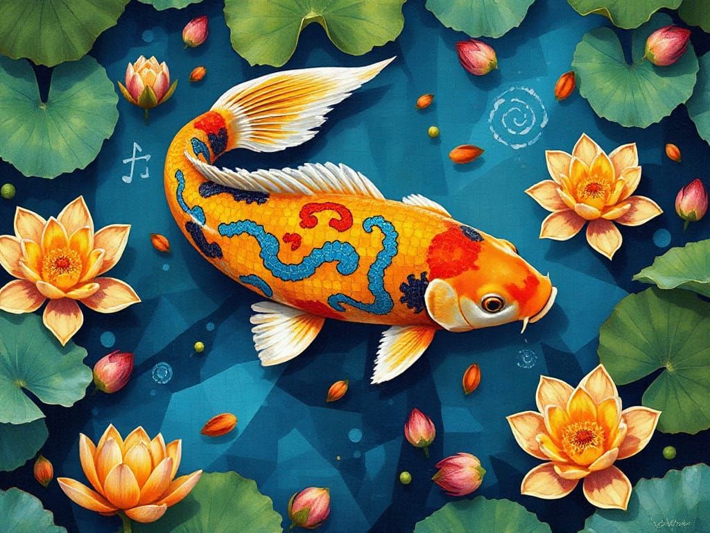 Koi Fish in Mosaic Underwater Garden