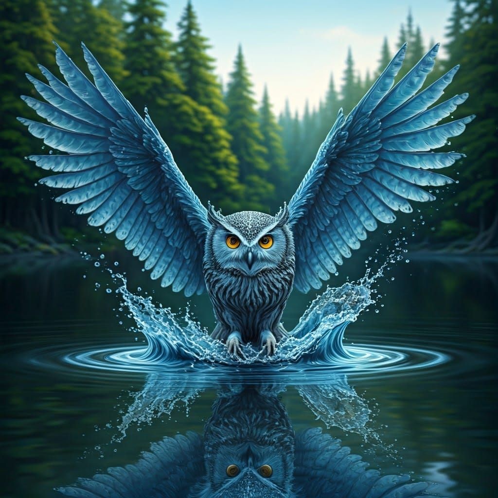 Water Owl Emerging from Serene Lake Landscape