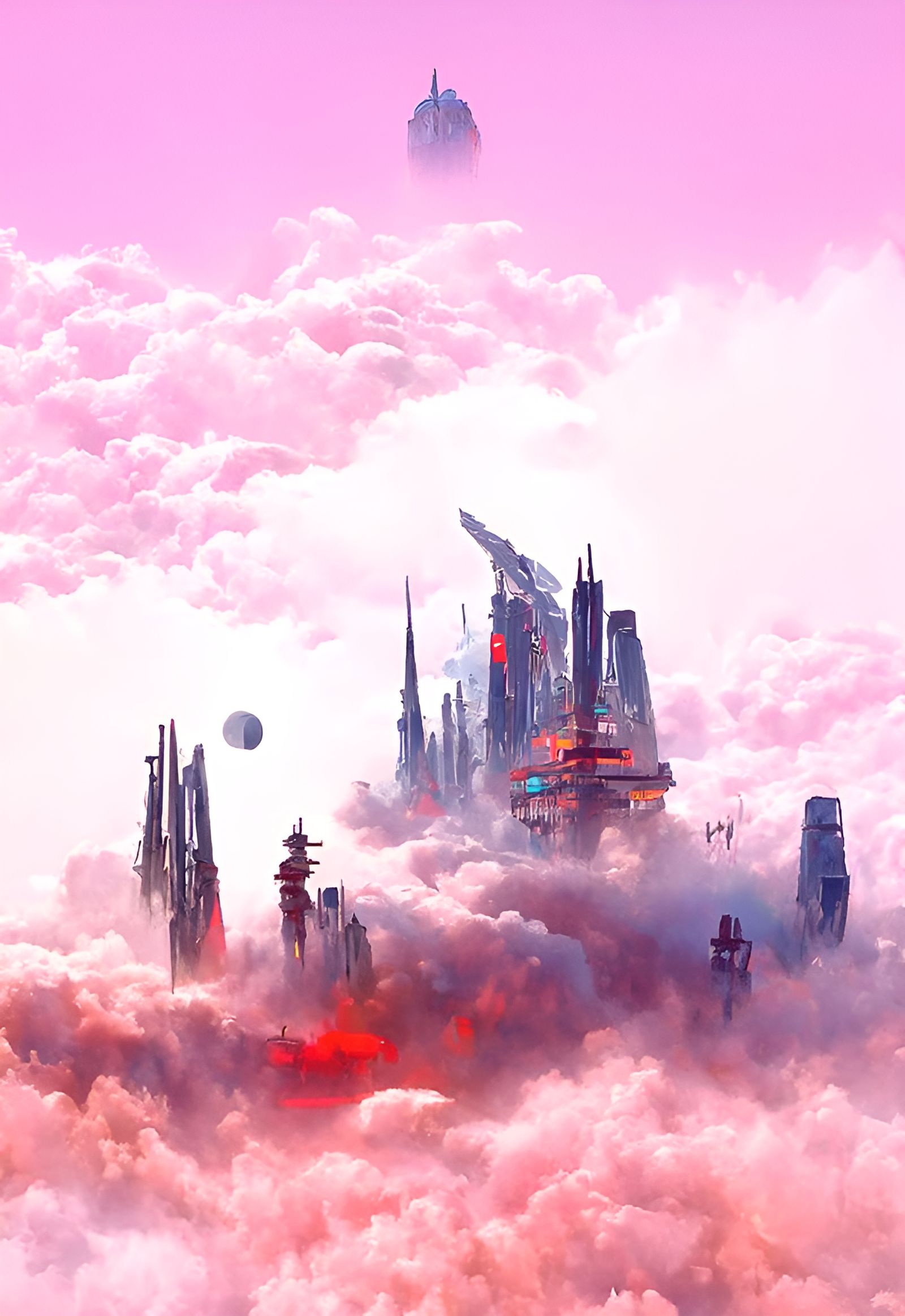 Cyberpunk Cloud City Ablaze in Ukiyo-e Style