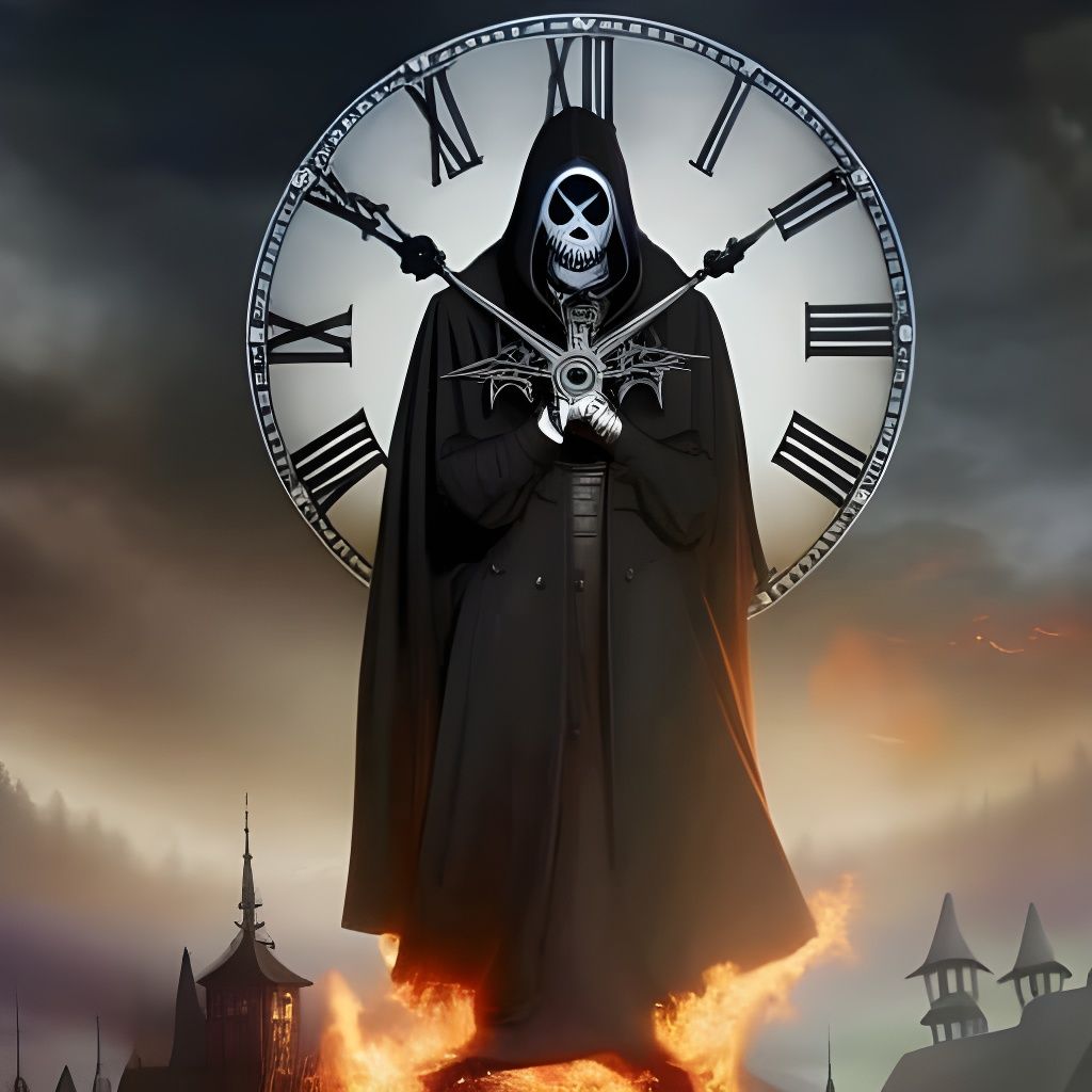 Sinister Skeleton Death Points at Clock in Fantasycore Style