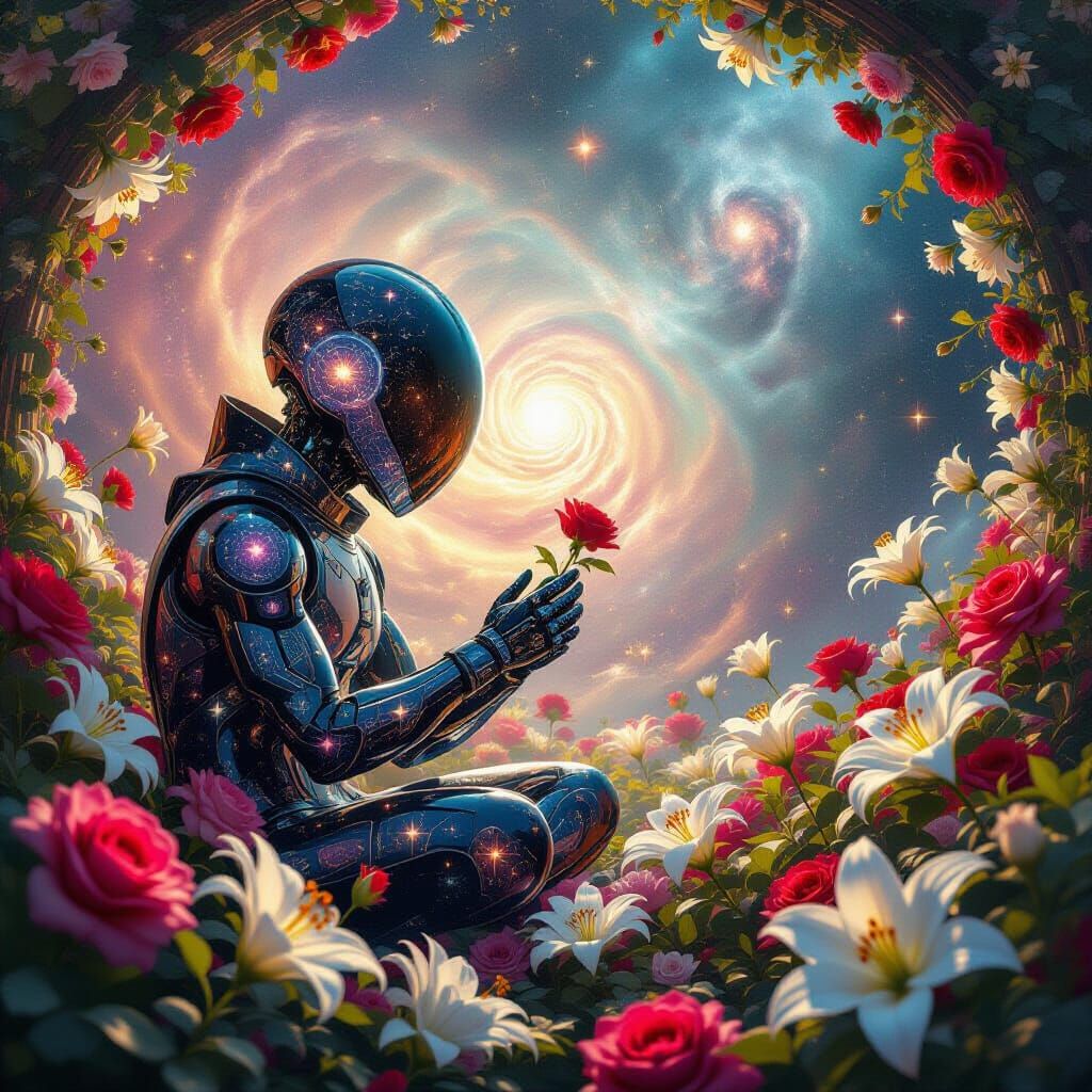 Cosmic Gardener Arranging Celestial Flowers in Psychedelic S...