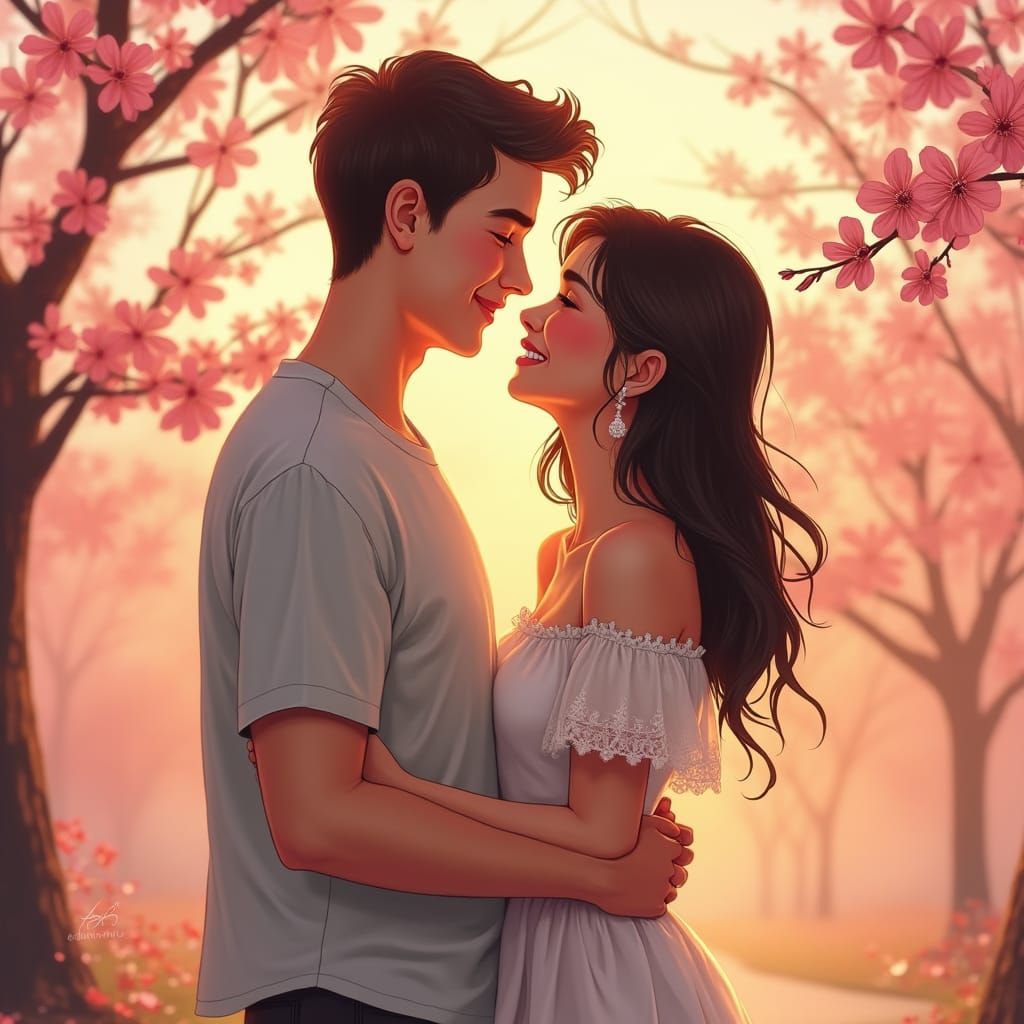 Romantic Couple Embrace Under Cherry Blossoms
