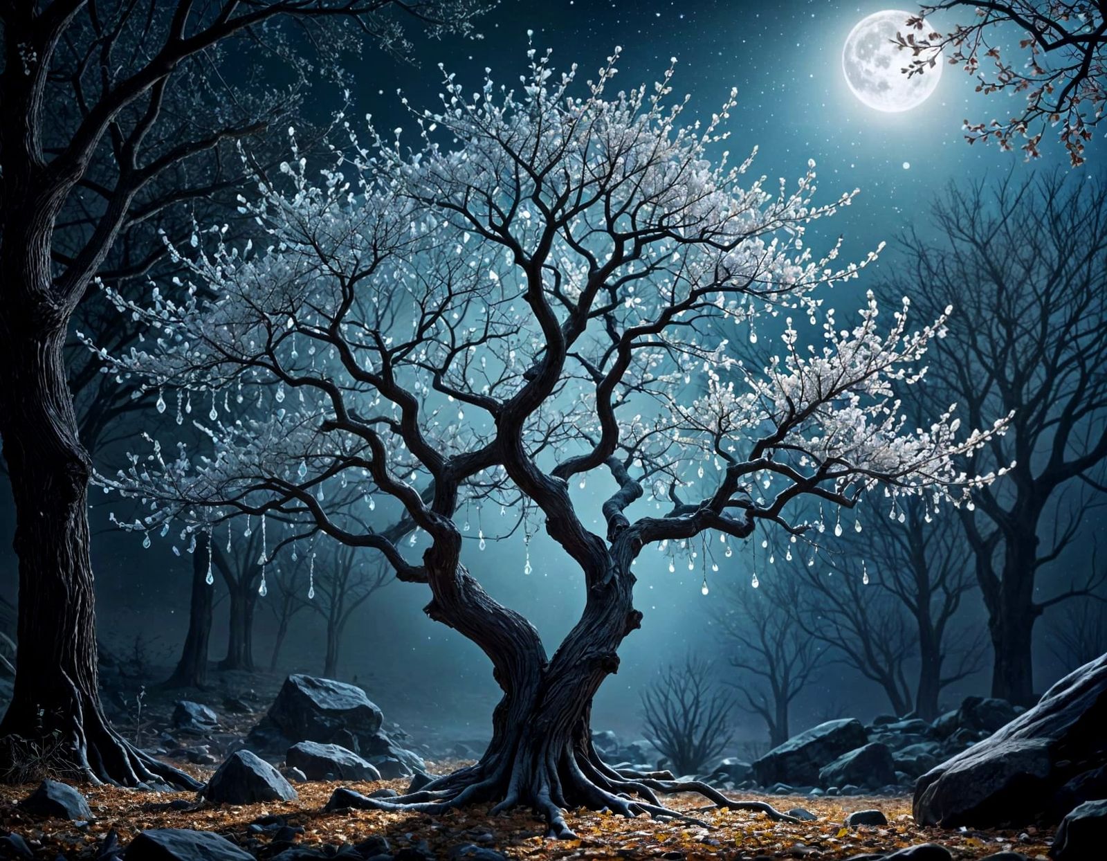 Glowing Crystal Tree Illuminated by Moonlight