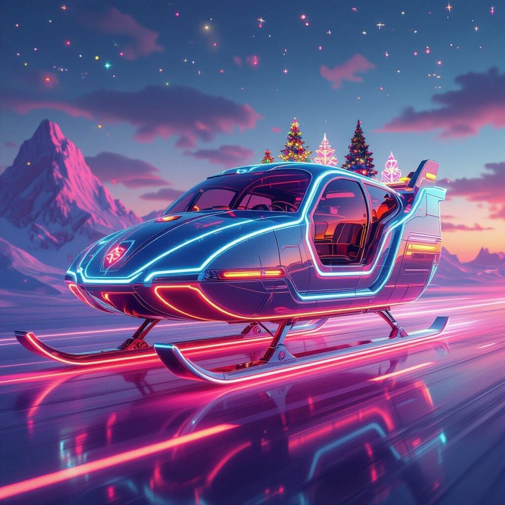 Retro-Futuristic Sleigh in Neon Synthwave Sky