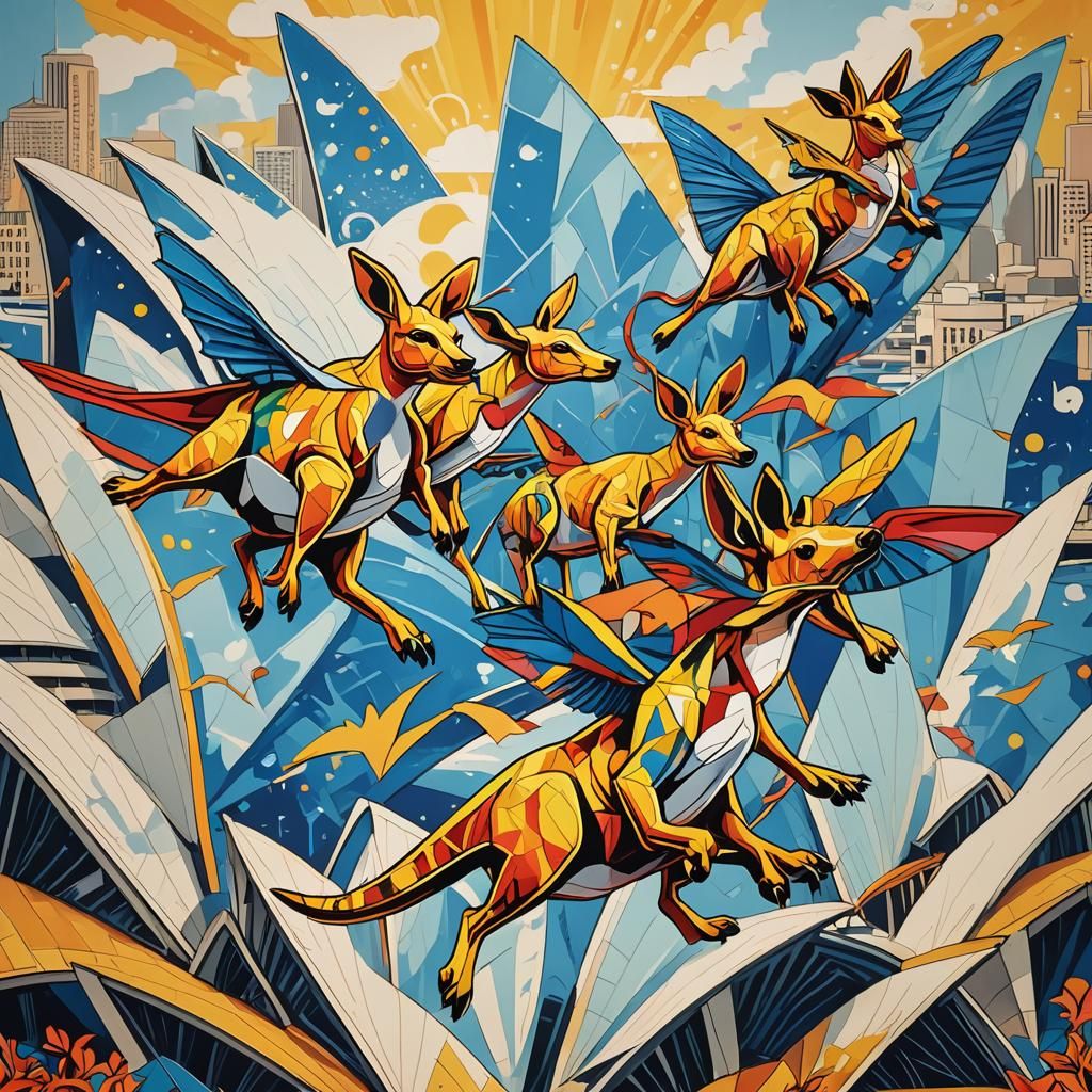 Kangaroos Fly Over Sydney: Pop Art Cartoon