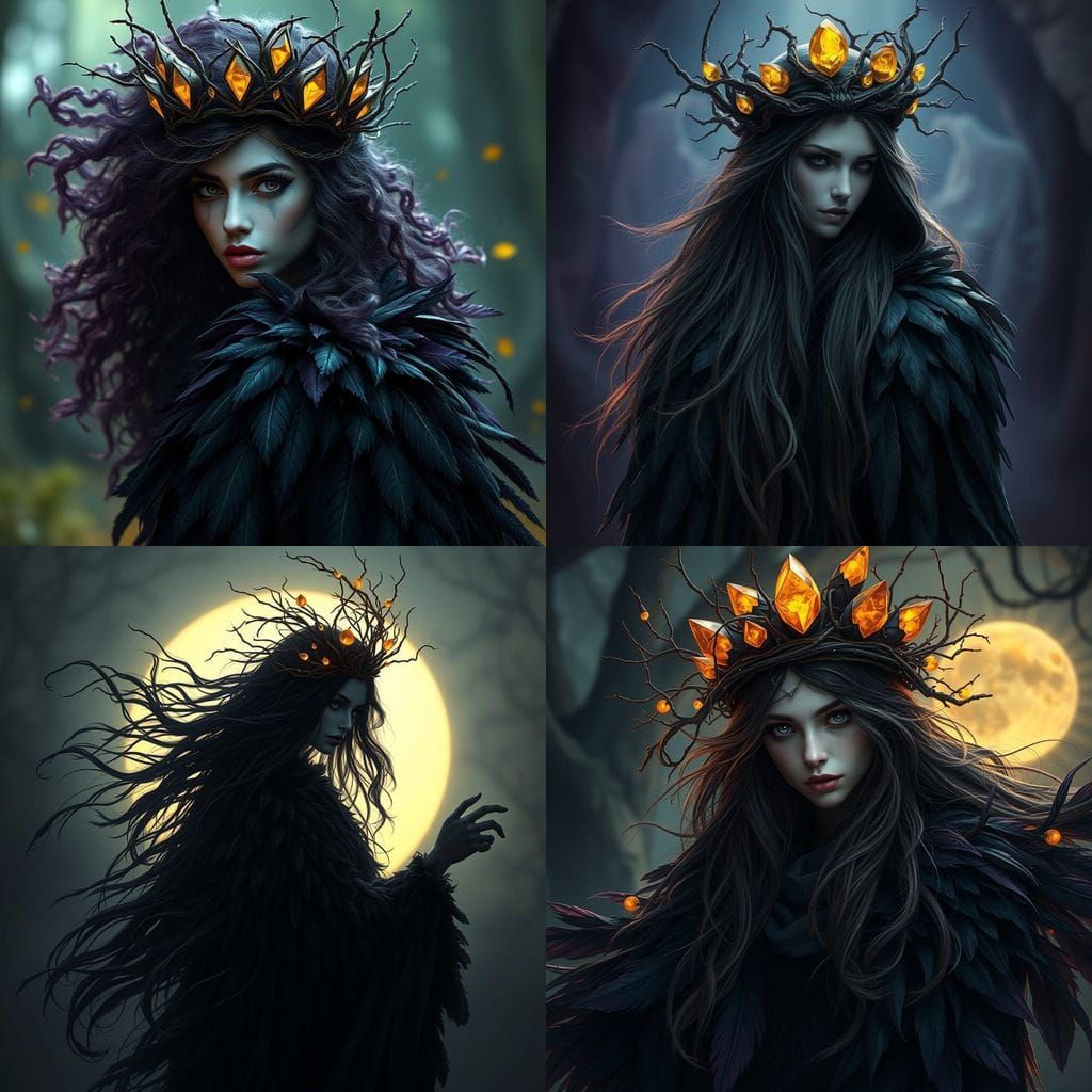 Ethereal Witch in Raven Cloak with Glowing Twigs