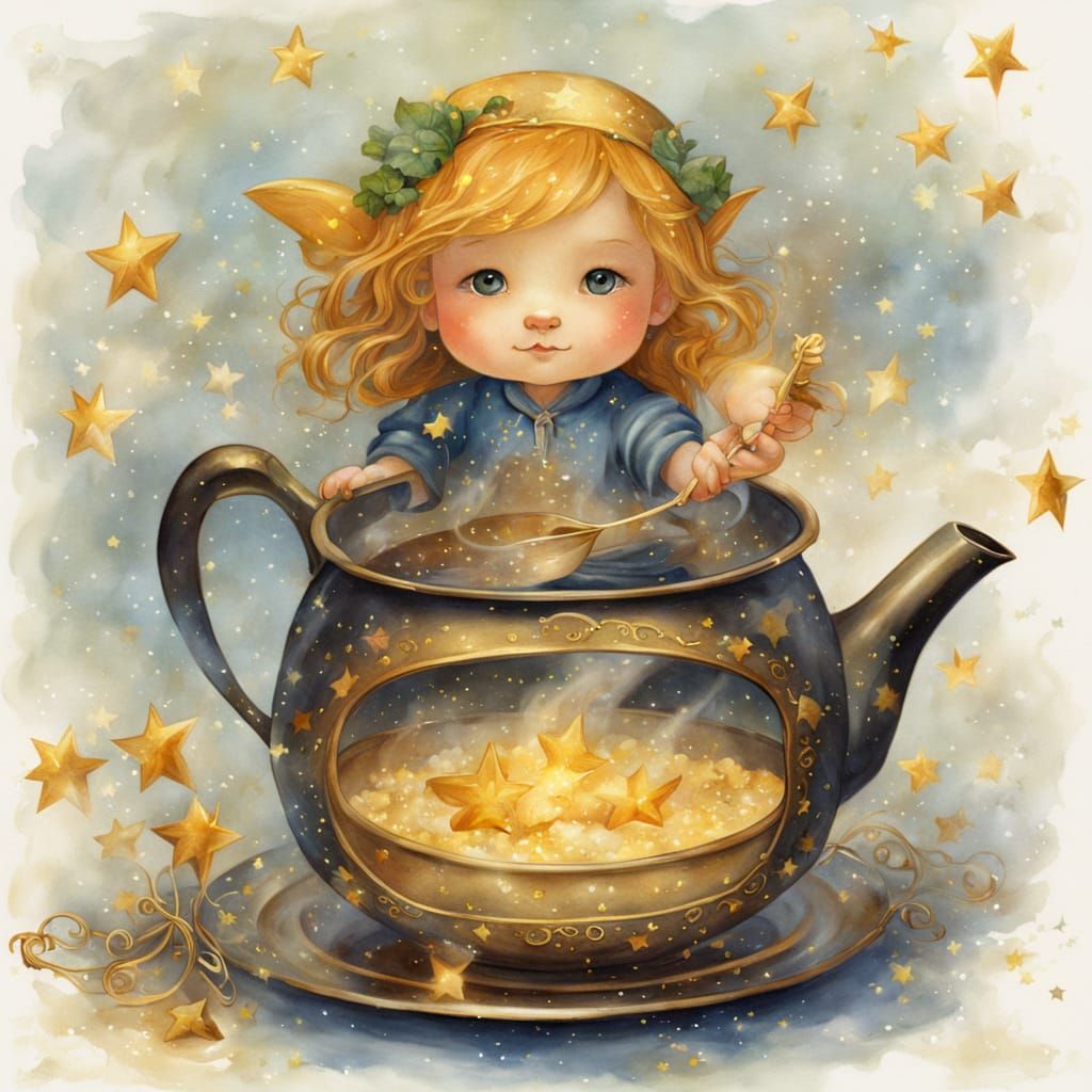 Cute Fairy Stirs Magical Eldrfairy Soup in Kettle