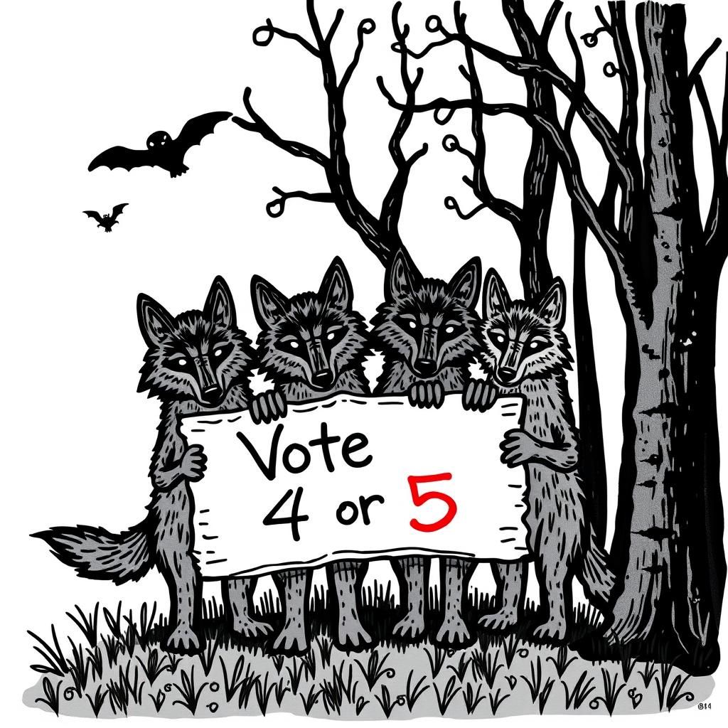 Spooky Forest Wolves Promote Voting in Crochet Vector Art
