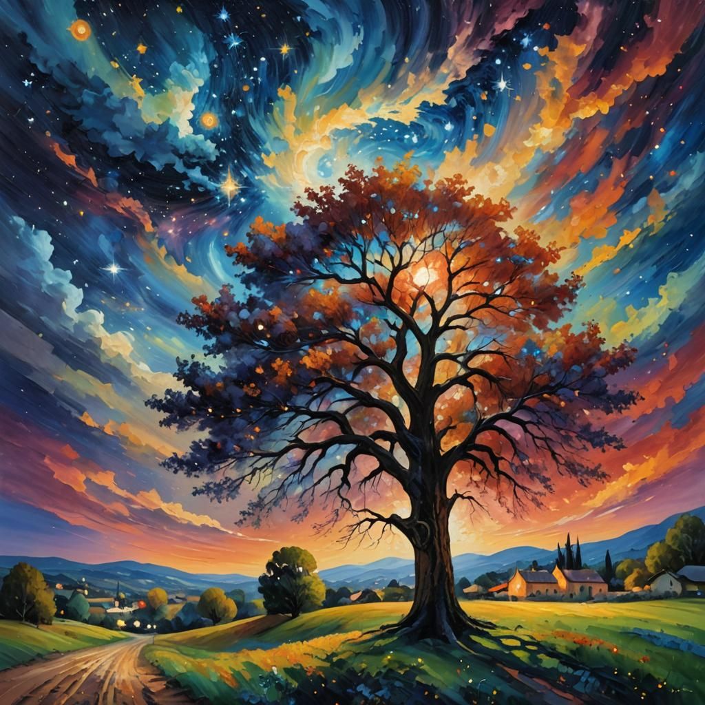 Starry Night Tree: Impressionist Oil Painting