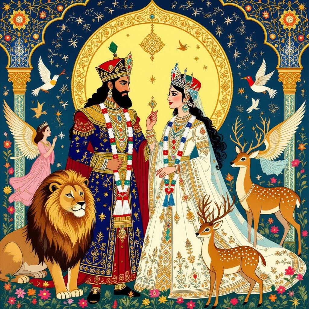Mythological King and Queen in Ornate Persian Style