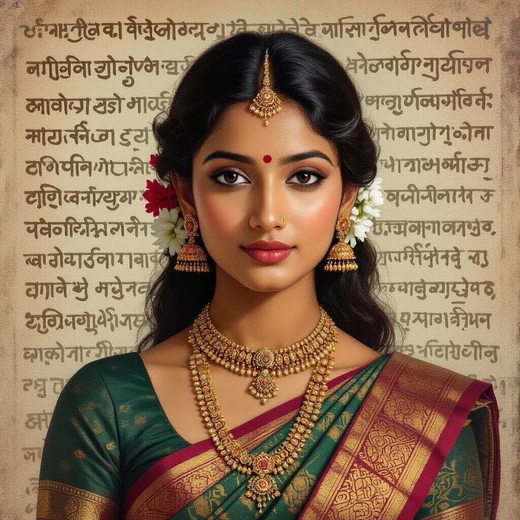 Elegant Indian Woman in Vintage Oil Painting Style