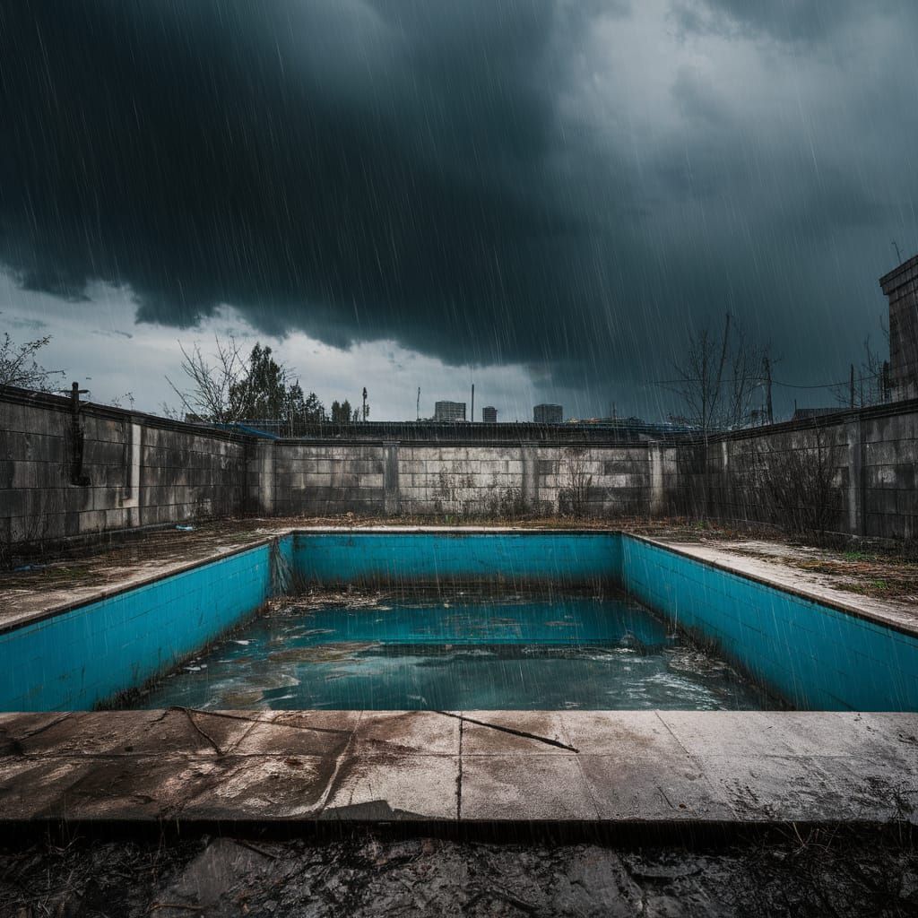 Dystopian Thunderstorm Over Abandoned Pool