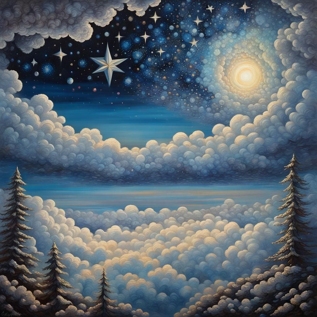 Starry Night Sky Oil Painting with Dreamlike Details